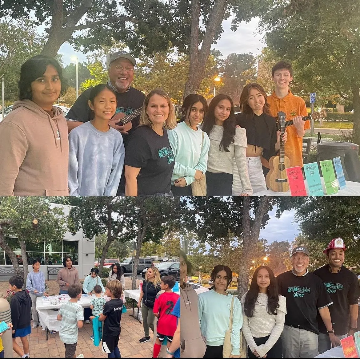 A three-panel collage from the scavenger hunt — volunteers posing with an event organiser holding a ukulele, children crowding a craft table staffed by teen volunteers, and members standing beside a checkpoint table at dusk