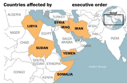 Map of North Africa, the Middle East and South Asia titled "Countries affected by executive order", with Libya, Sudan, Somalia, Yemen, Syria, Iraq and Iran shaded orange