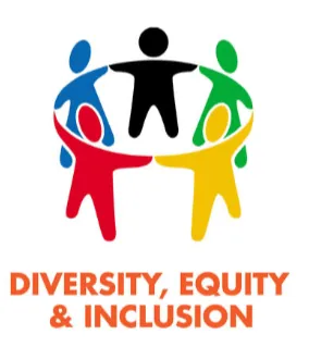 Illustration of five stylised figures in blue, black, green, yellow and red holding hands in a circle above the words "Diversity, Equity & Inclusion"
